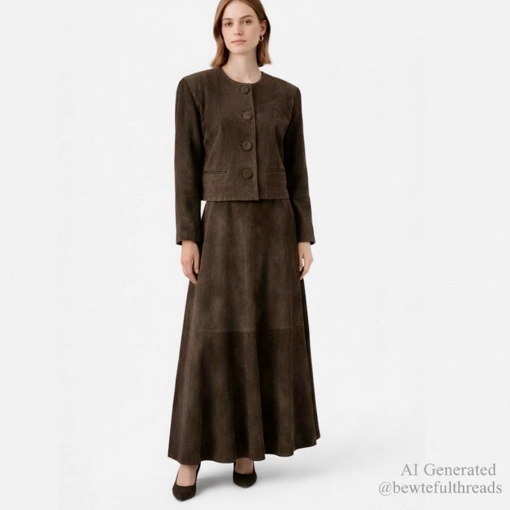 Vintage Black Suede 2-Piece Set Cropped Jacket A-Line Maxi Skirt Quiet Luxury